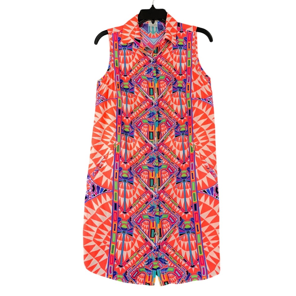 Mara Hoffman Geometric Print Dress Women XS Sleeveless Button Front Shift
